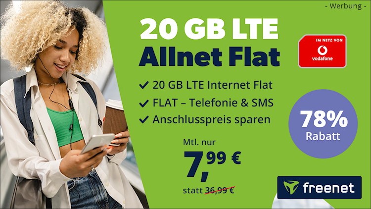freenet: Allnet-Flat mit 20 GB LTE im Vodafone-Netz für 7,99 Euro