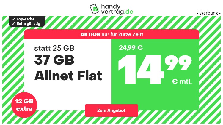 handyvertrag.de LTE All Tarif mit 37 GB Datenvolumen für 14,99 Euro