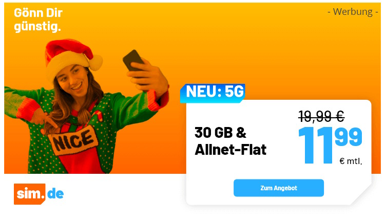 sim.de FLAT Internet 5G Tarif mit 27 GB für 11,99 Euro